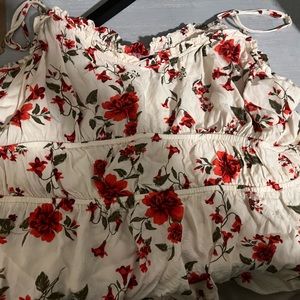 Red and white floral blouse